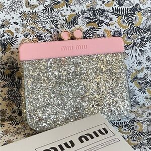 Miu Miu Silver Glitter and Pink Mini Clutch 4 x 3.8 inches
